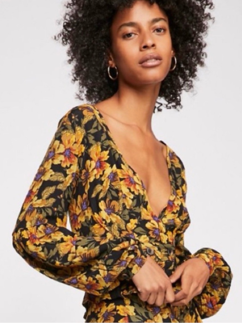 Floral V-Neck Long Sleeve Top in Mustard Yellow